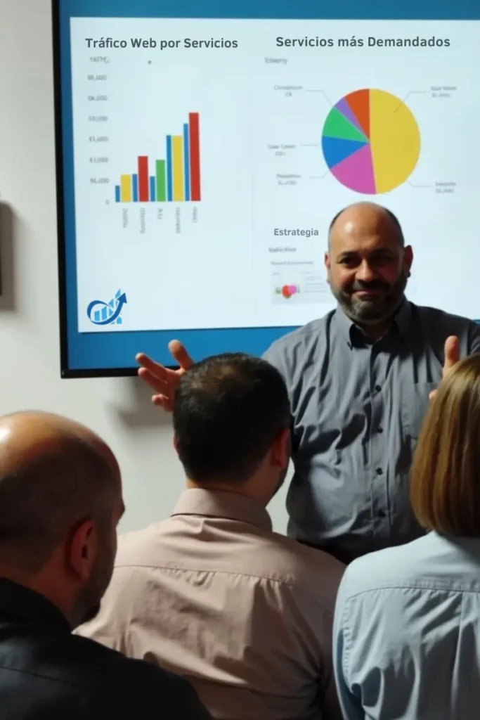 Mangel Gare presentando una auditoría SEO a un grupo de profesionales de un taller multimarca, frente a una pantalla con gráficos de tráfico web.