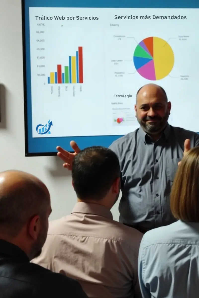Mangel Gare presentando una auditoría SEO a un grupo de profesionales de un taller multimarca, frente a una pantalla con gráficos de tráfico web.