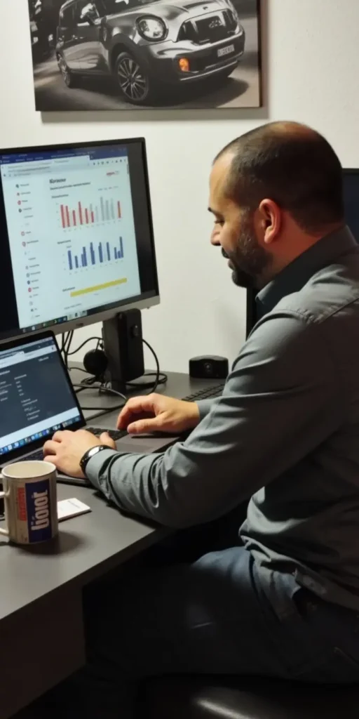 Mangel Gare trabajando en análisis SEO en un escritorio con dos pantallas, revisando datos de rendimiento web.