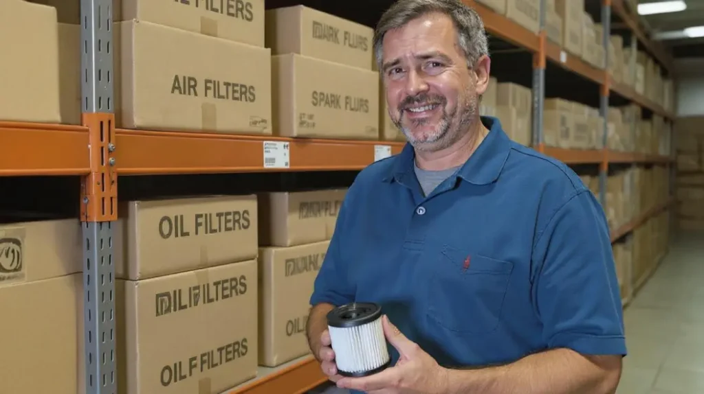 Hombre sonriente en un almacén perfectamente ordenado con filtros bien clasificados, simbolizando una web con keywords bien estructuradas