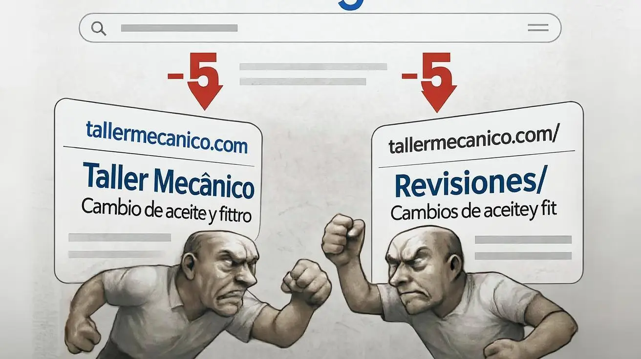Dos resultados de búsqueda de tallermecanico.com peleando por la misma palabra clave "cambio de aceite y filtro", representando una canibalización SEO penalizada por Google