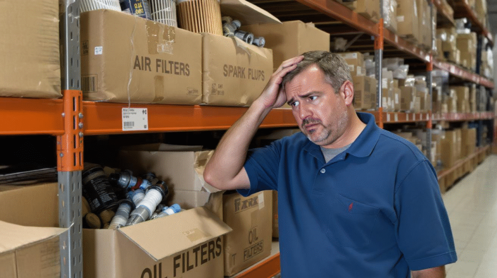 Hombre confundido frente a un almacén desordenado donde hay filtros de aceite mezclados en cajas de filtros de aire y bujías, simbolizando canibalización SEO