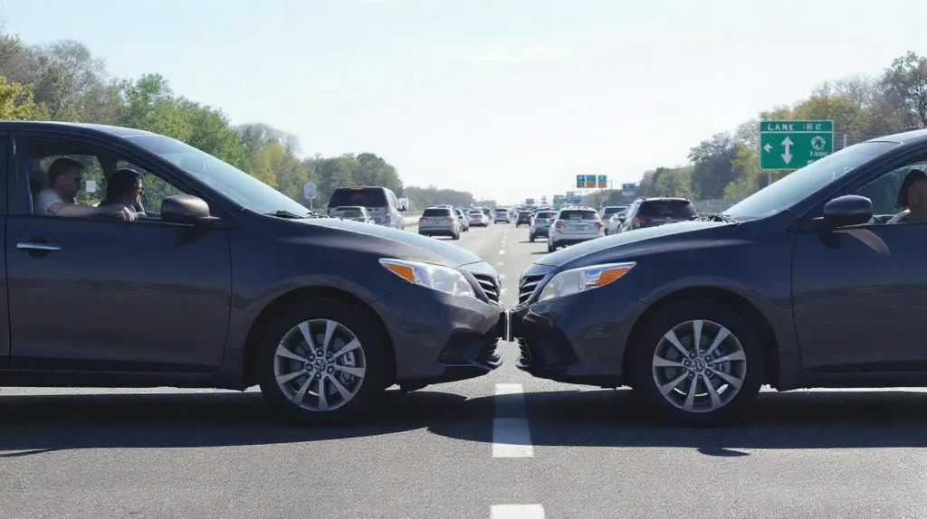 Dos coches idénticos intentan tomar el mismo carril al mismo tiempo y terminan bloqueados, representando canibalización de keywords