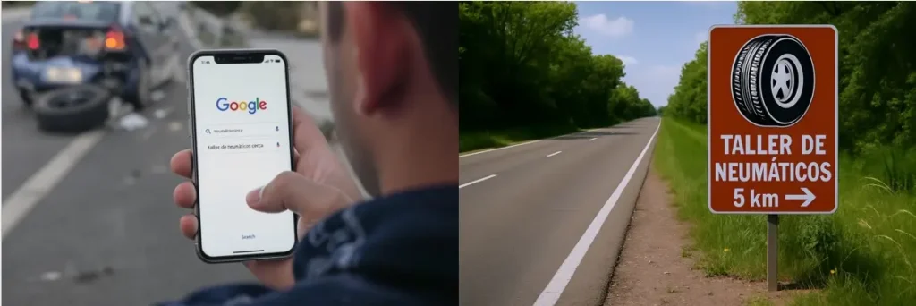 Persona buscando en Google un taller de neumáticos tras un pinchazo, y una analogía a esa palabra clave sería la señal en carretera que indica uno a 5 km.