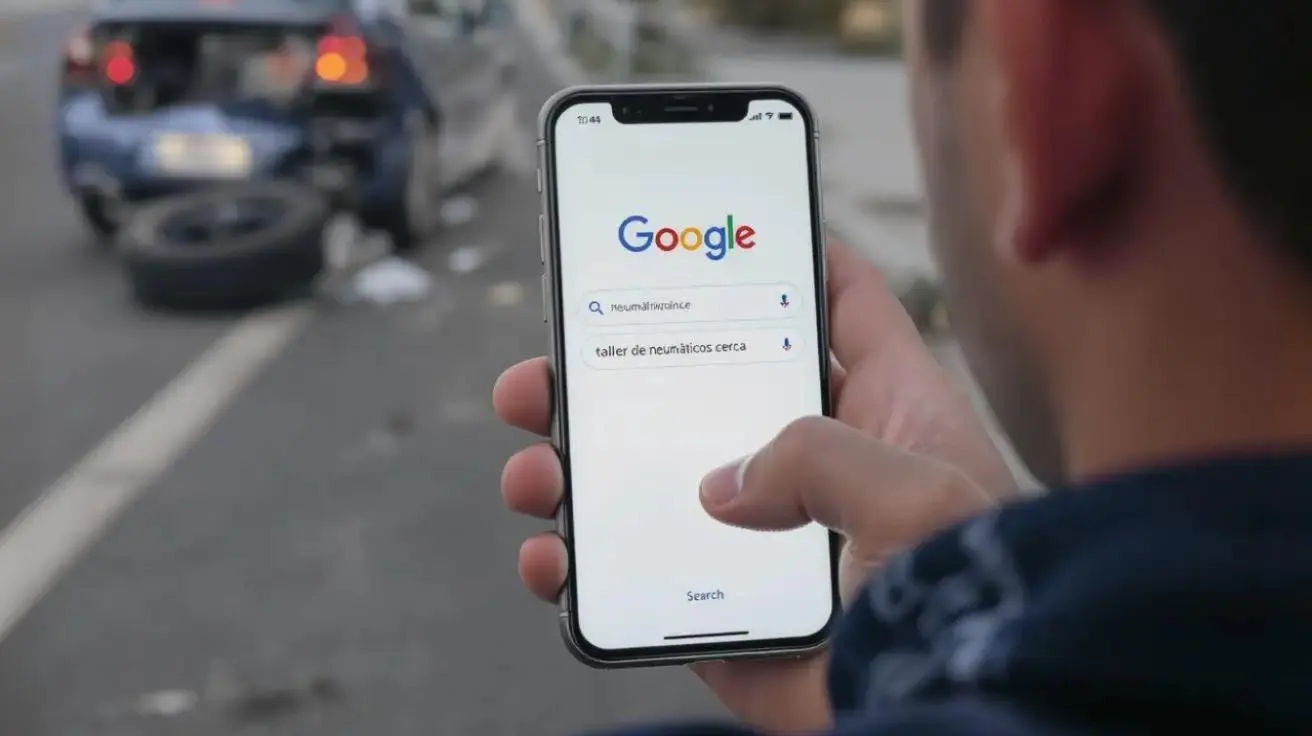 Hombre buscando "taller de neumáticos cerca" en Google desde su móvil tras un accidente de tráfico.