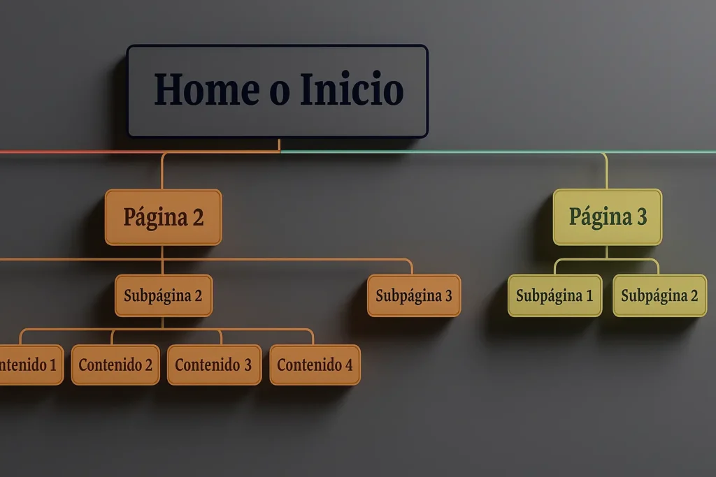 Diagrama de arquitectura web con Home, Página 2 y Página 3, mostrando subpáginas y niveles de contenido interconectados para una estructura SEO eficaz.
